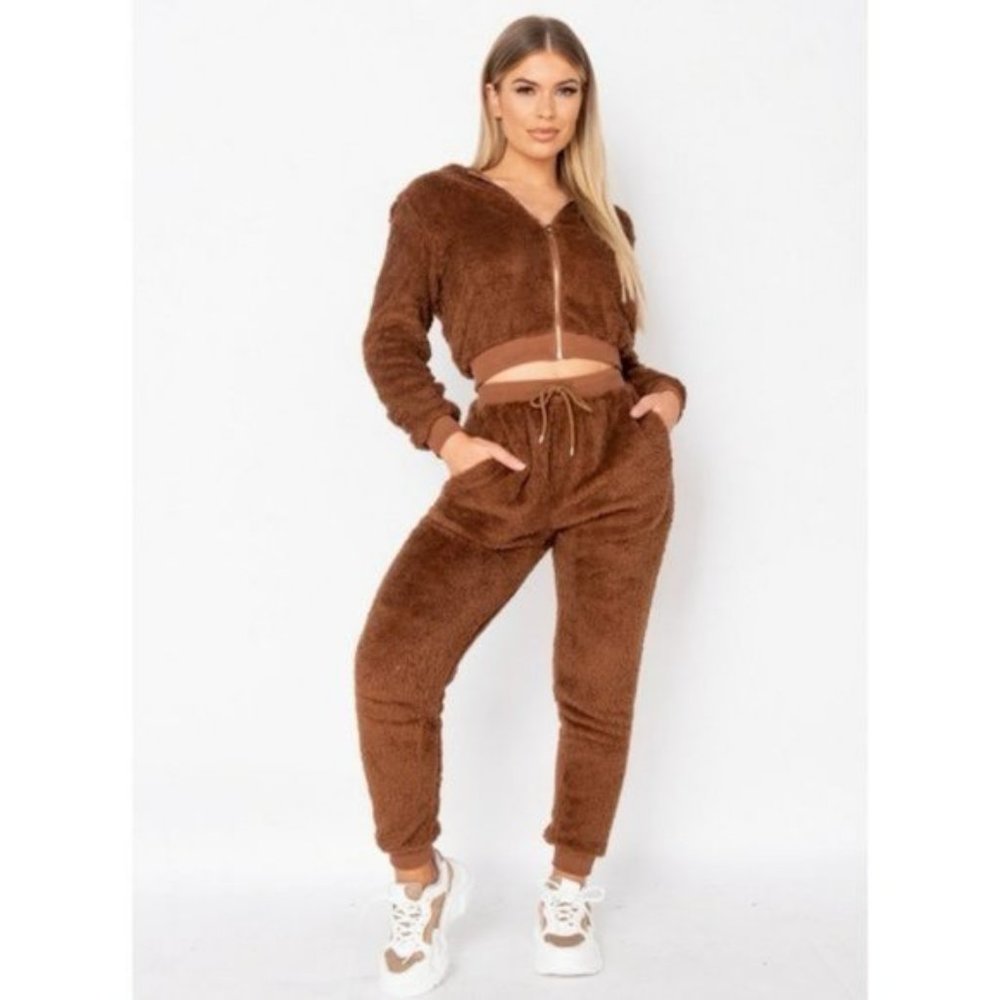 Brown Teddy Bear Fur Long Sleeve Hooded Crop Top and Jogger Pants Two Piece Set - Picture 12 of 15